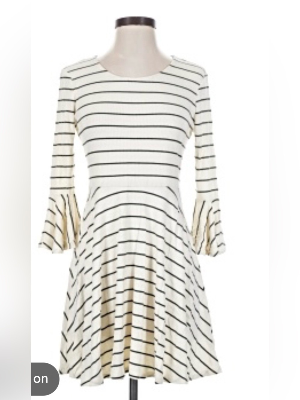 Copper Key Striped Ivory and Black Bell-Sleeve Fit & Flare Dress